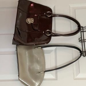 Beijo handbags x 2, one deep bronze tote and one beige handbag